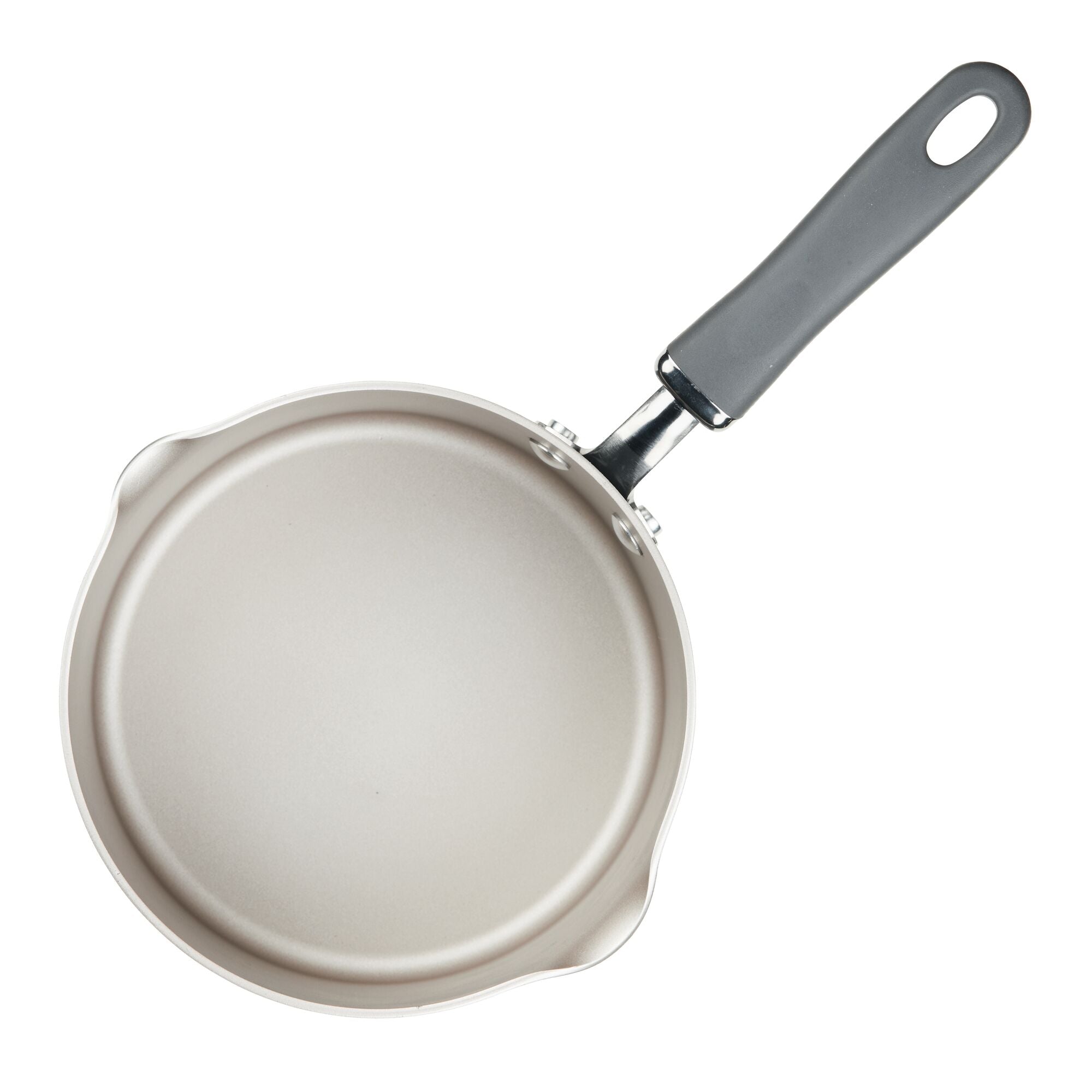 Top view of a frying pan with a black handle on a white background.