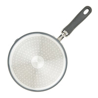 Top view of a nonstick frying pan with a black handle.