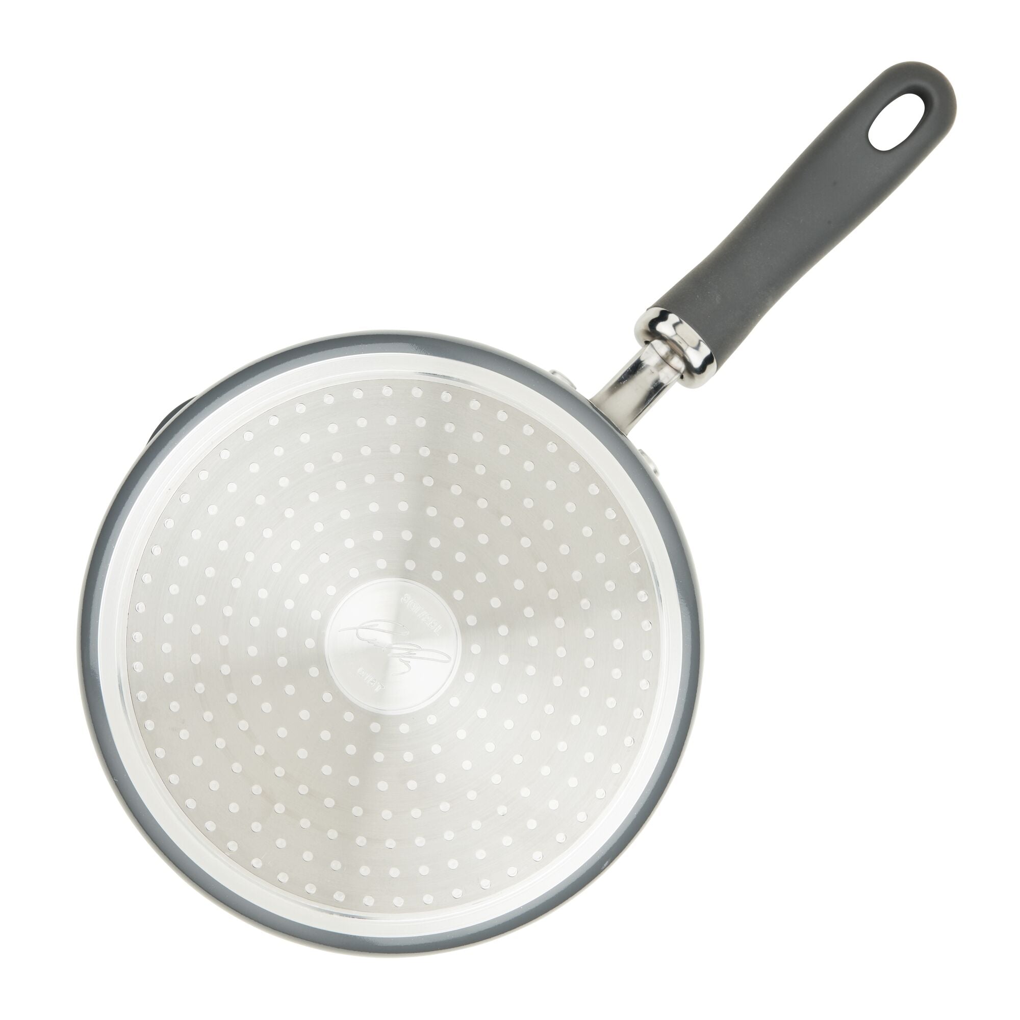 Top view of a nonstick frying pan with a black handle.