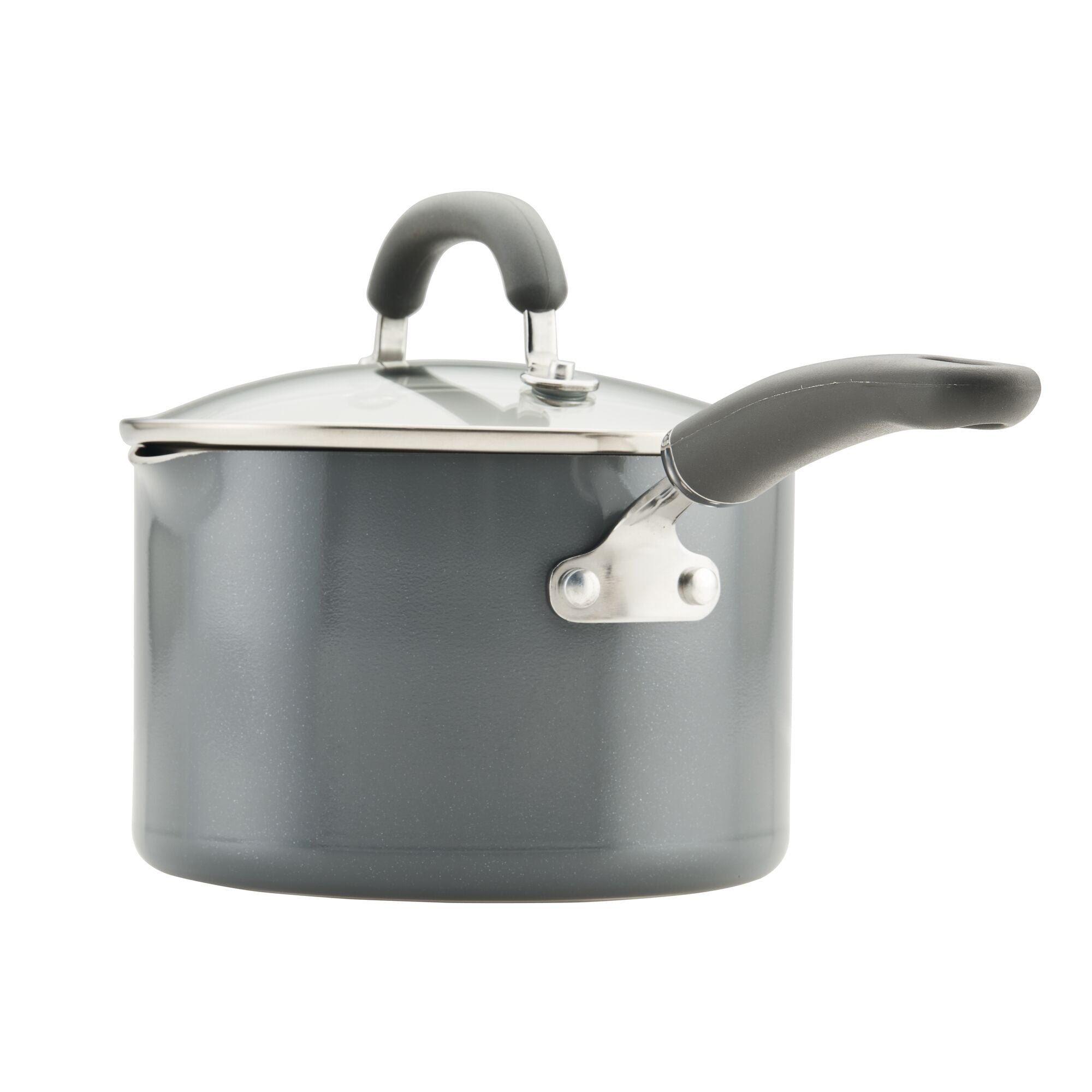 Gray saucepan with a lid and black handles on a white background.
