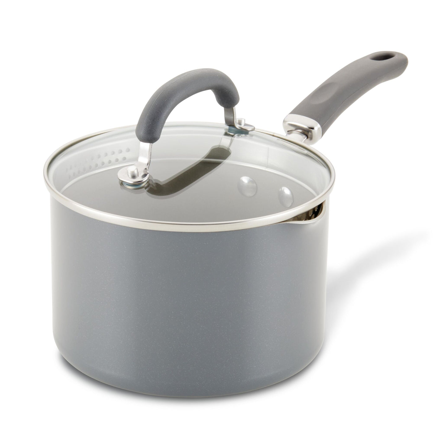 Gray saucepan with a glass lid and a black handle on a white background.