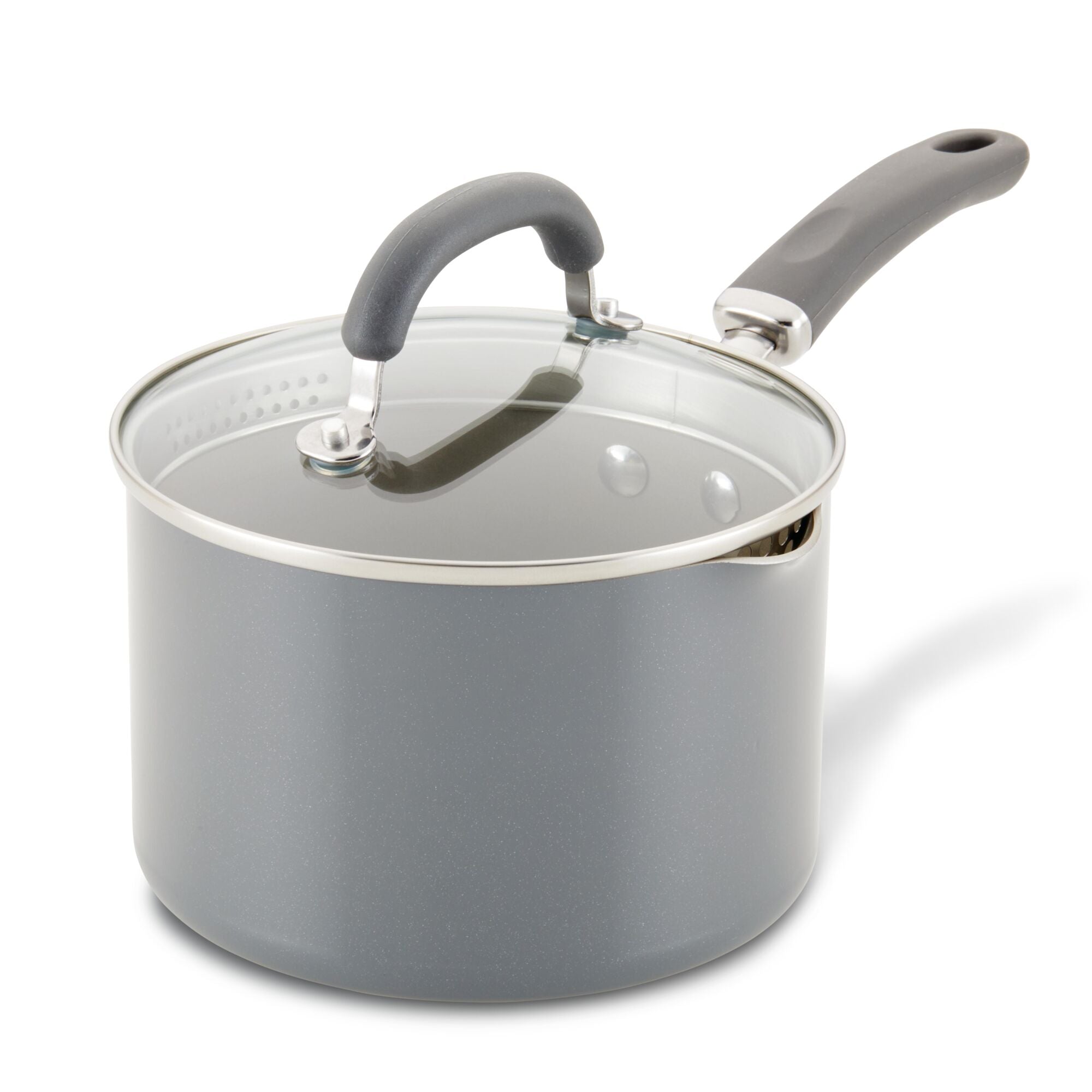 Gray saucepan with a glass lid and a black handle on a white background.