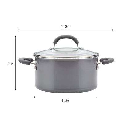 Gray cooking pot with lid and handles, dimensions labeled in inches.