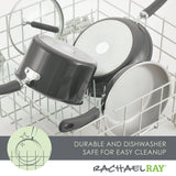 Cookware set placed inside a dishwasher rack with a promotional graphic.