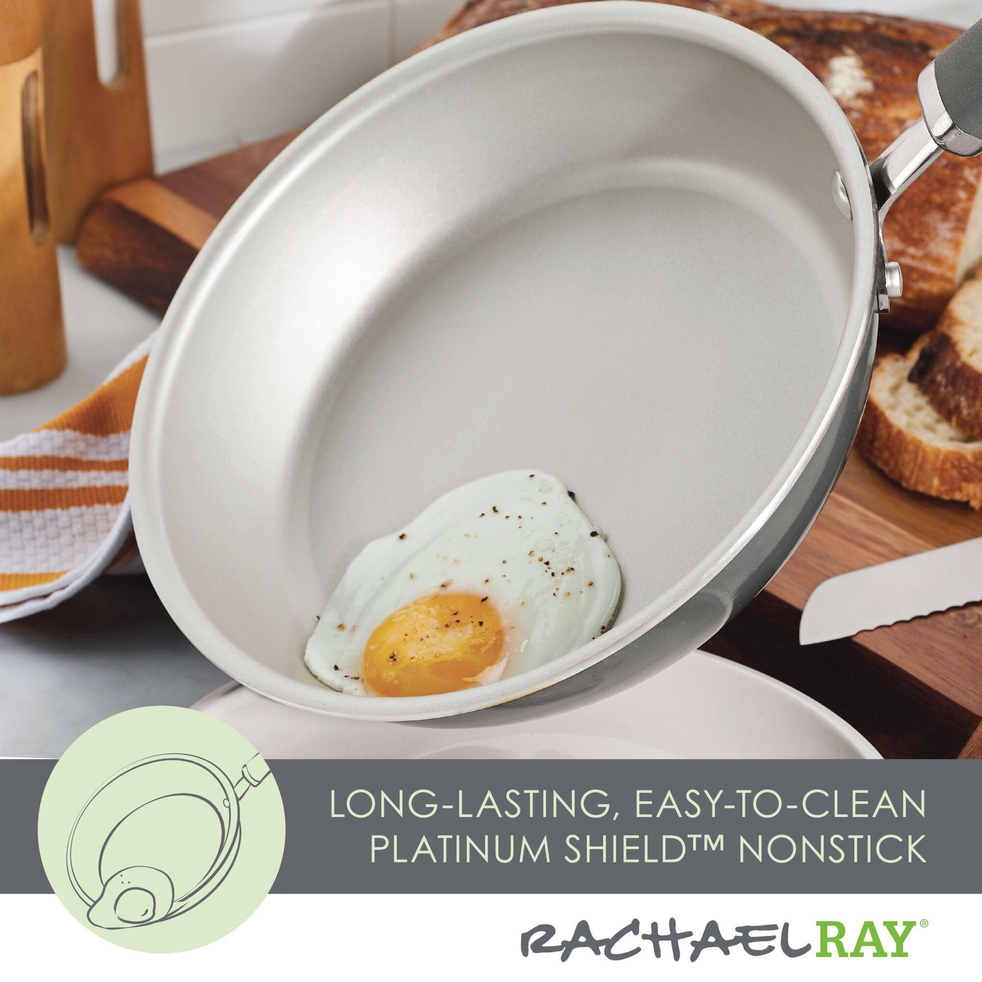 Frying pan with a cooked egg inside on a kitchen countertop.