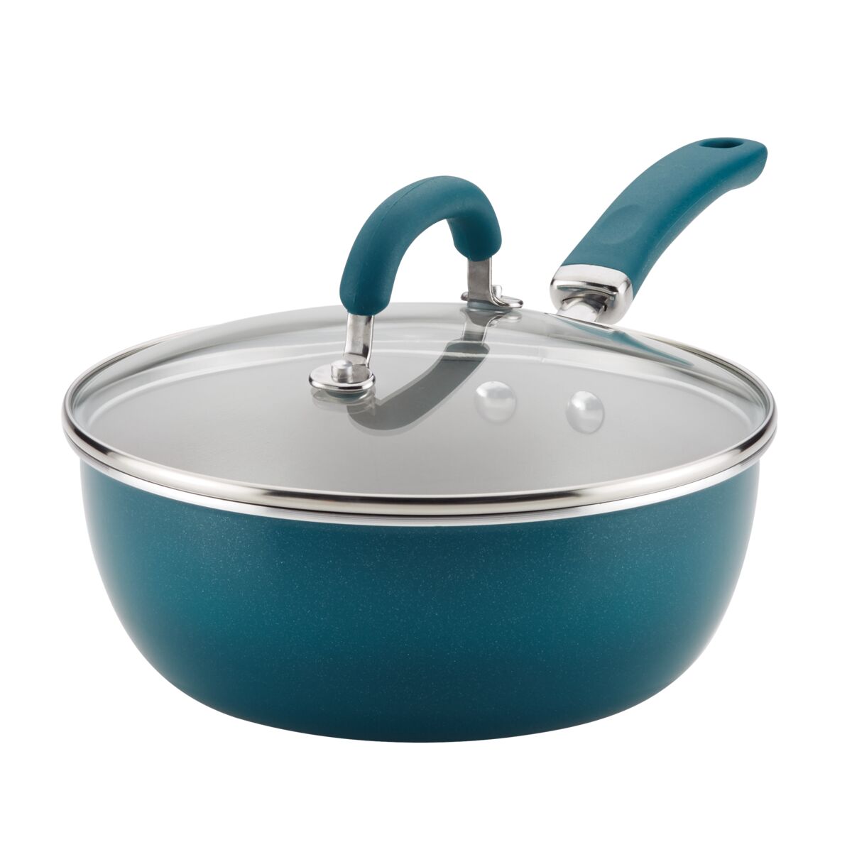 Blue cooking pot with a glass lid and a curved handle.