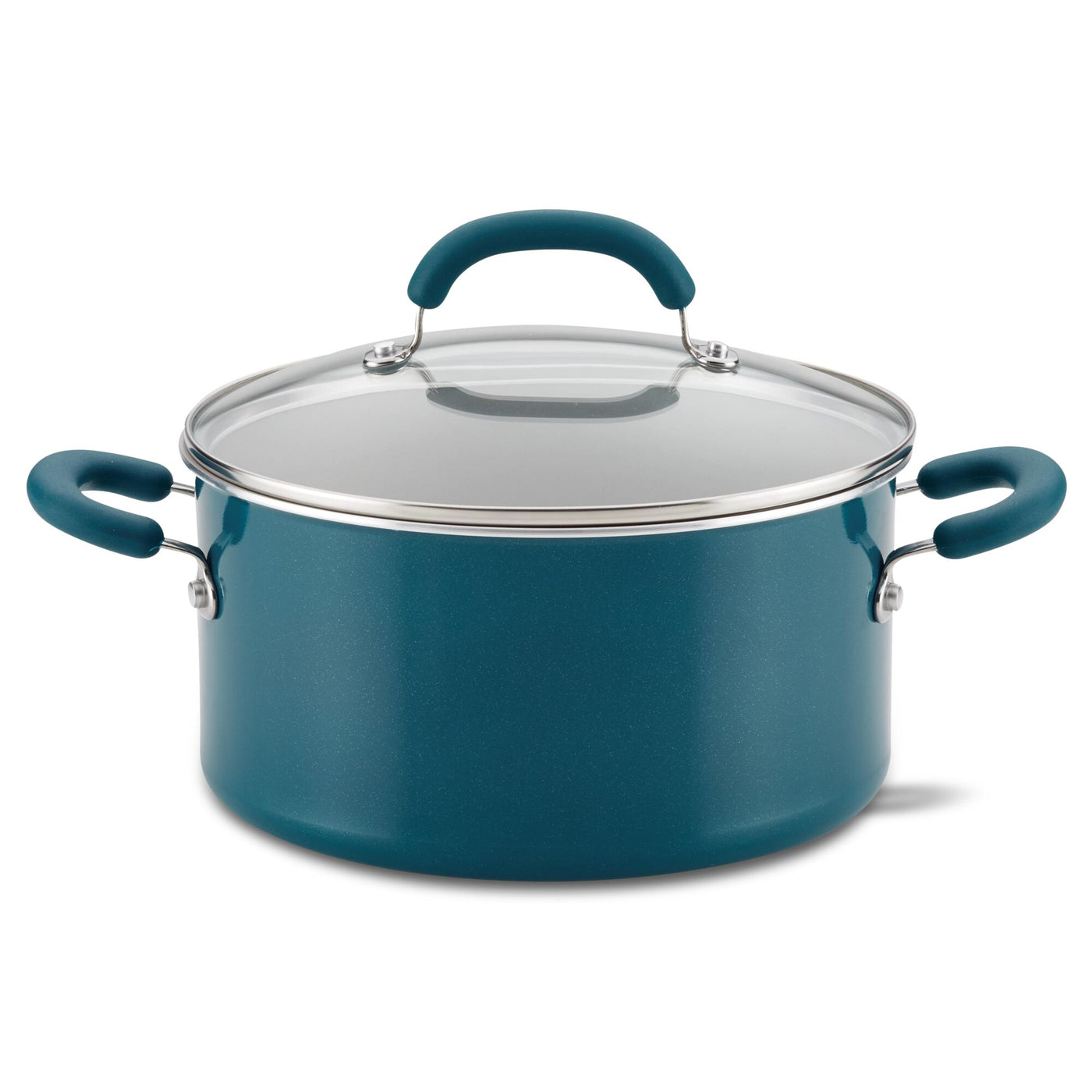 Teal cooking pot with handles and a transparent lid.