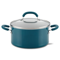 Teal cooking pot with handles and a transparent lid.