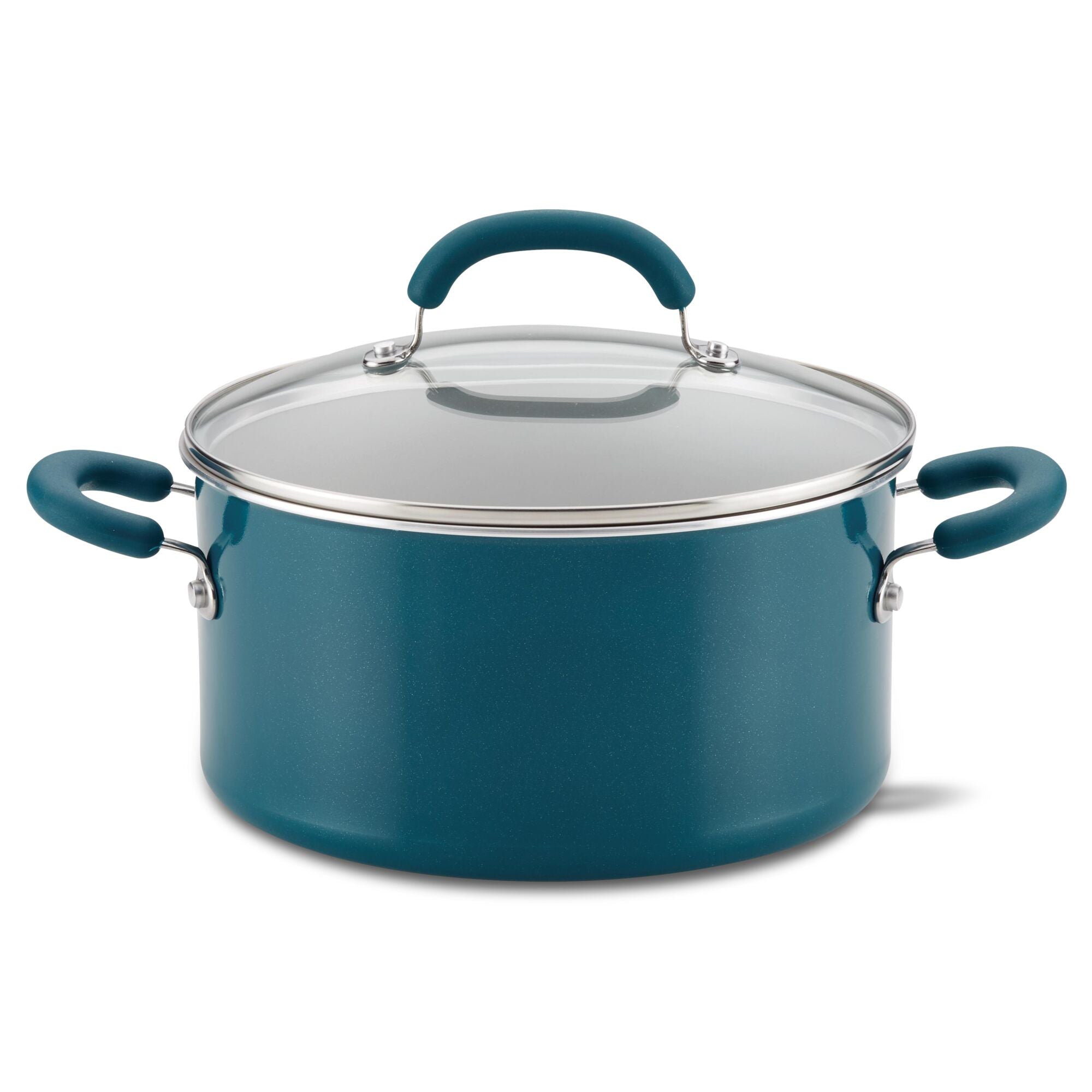 Teal cooking pot with handles and a transparent lid.
