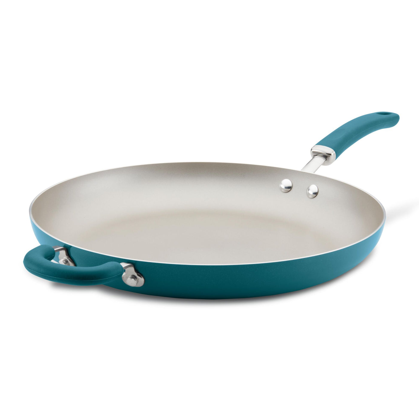 A large teal non-stick frying pan with a handle and helper handle.