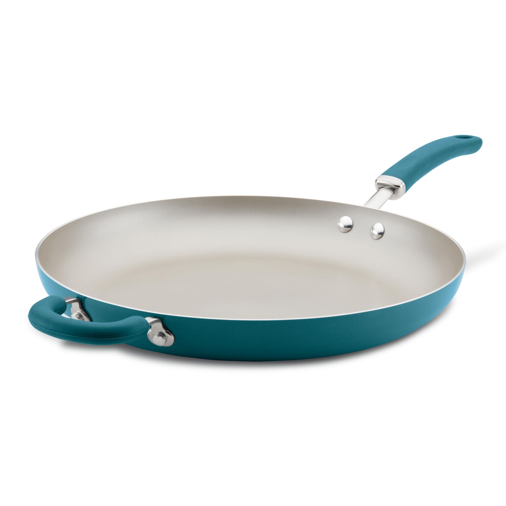 A large teal non-stick frying pan with a handle and helper handle.