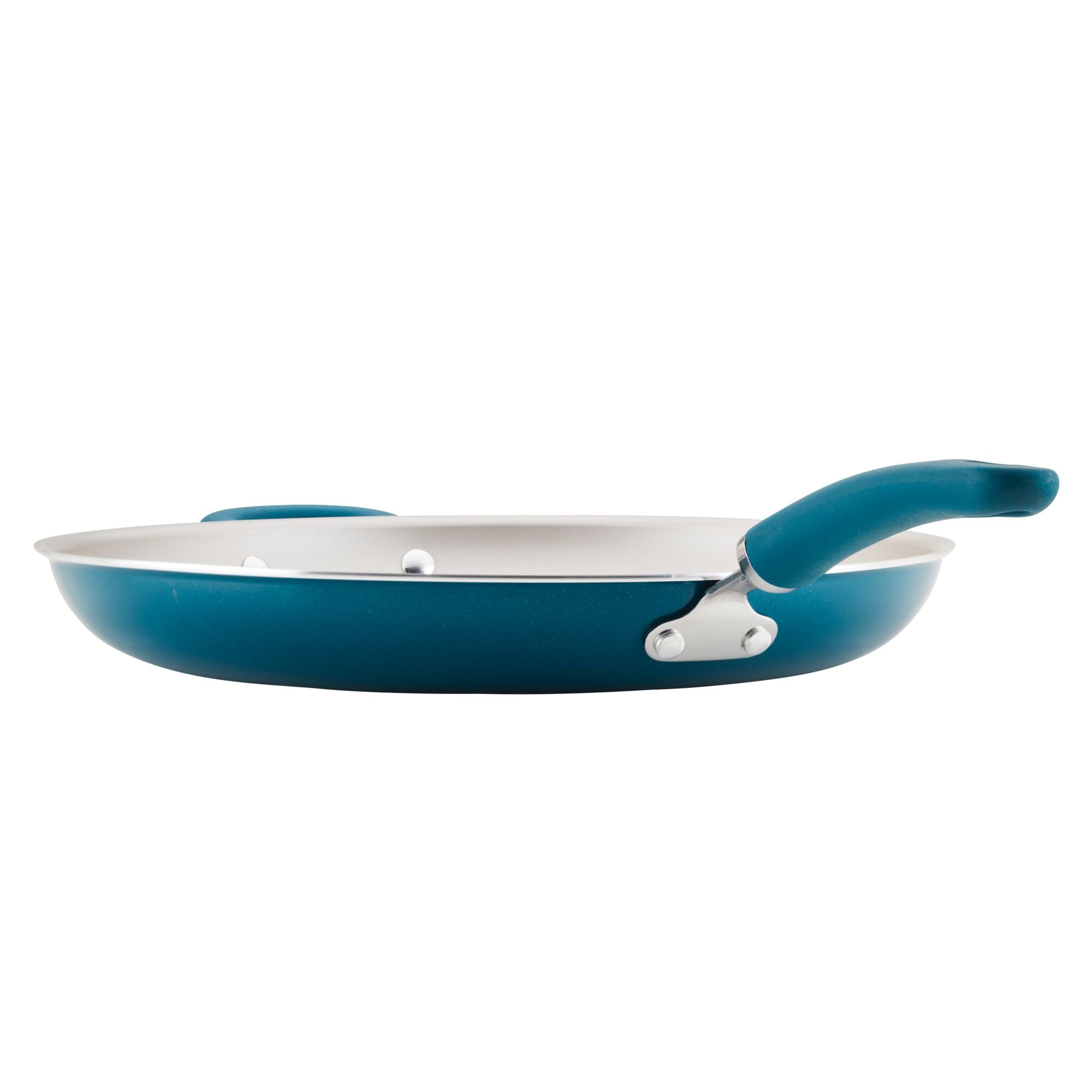 A turquoise frying pan with a silicone handle on a white background.