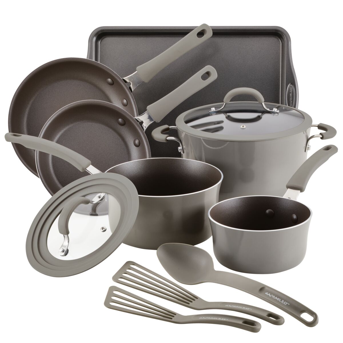 Set of non-stick cookware with pots, pans, lids, and utensils in gray.