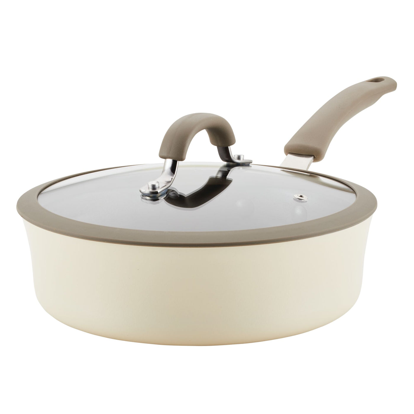 Beige saucepan with a glass lid and grey handle.