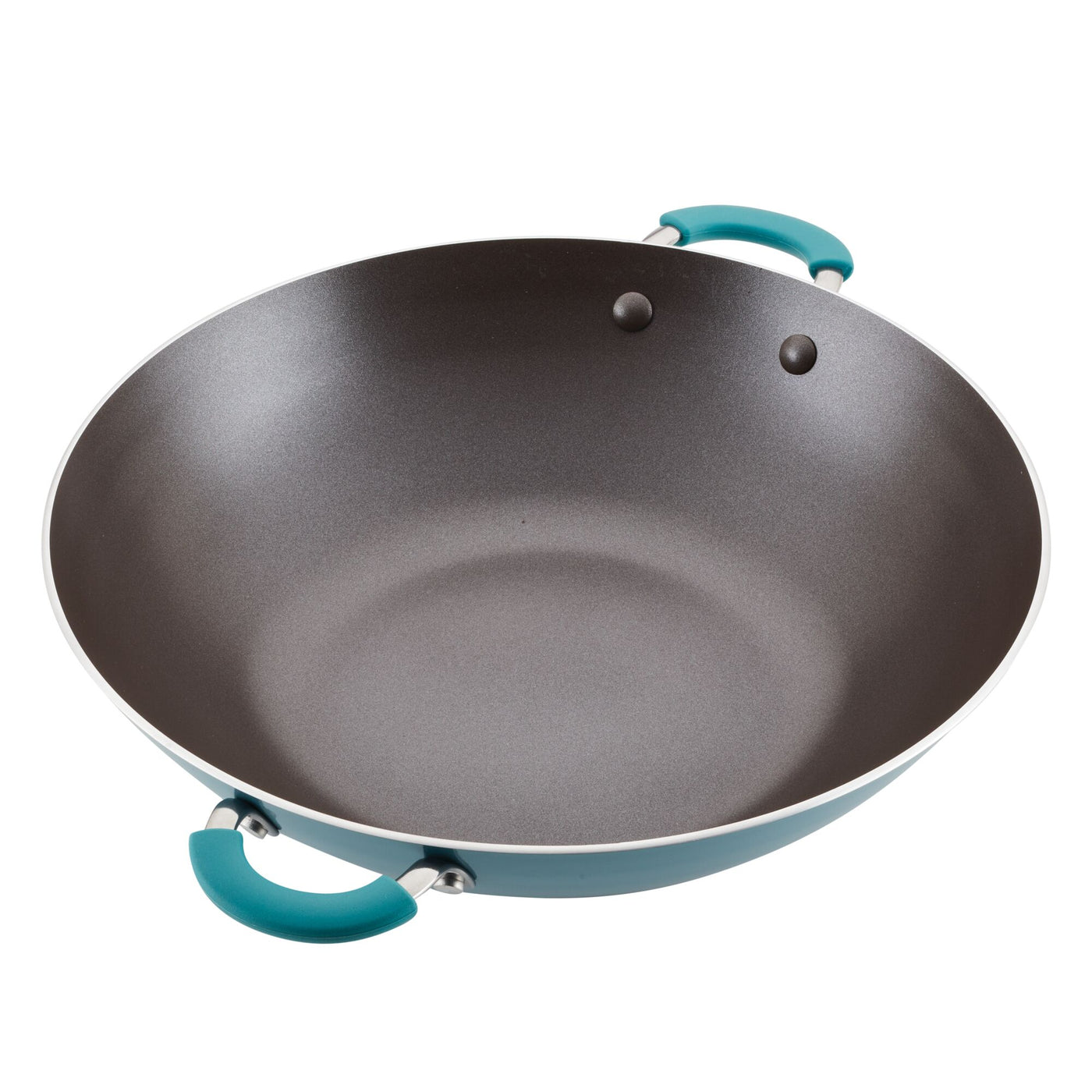 Non-stick wok with blue handles on a white background.