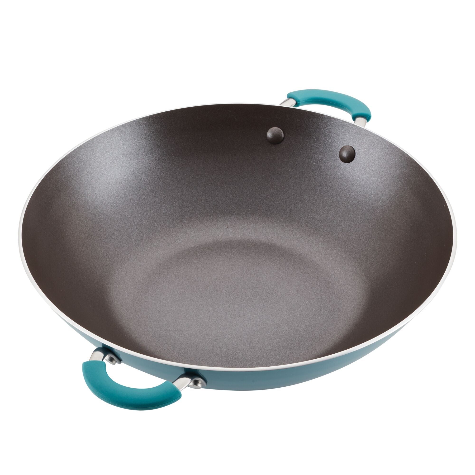 Non-stick wok with blue handles on a white background.