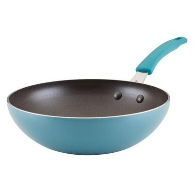 A turquoise frying pan with a black non-stick interior and teal handle.