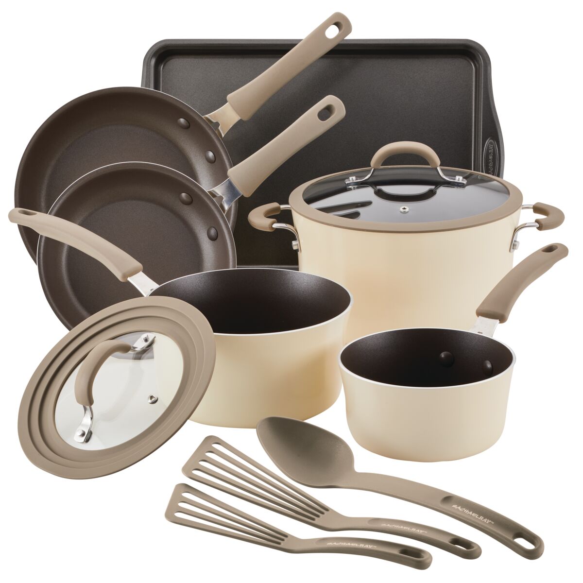 Beige cookware set with pots, pans, lids, utensils, and a baking sheet.
