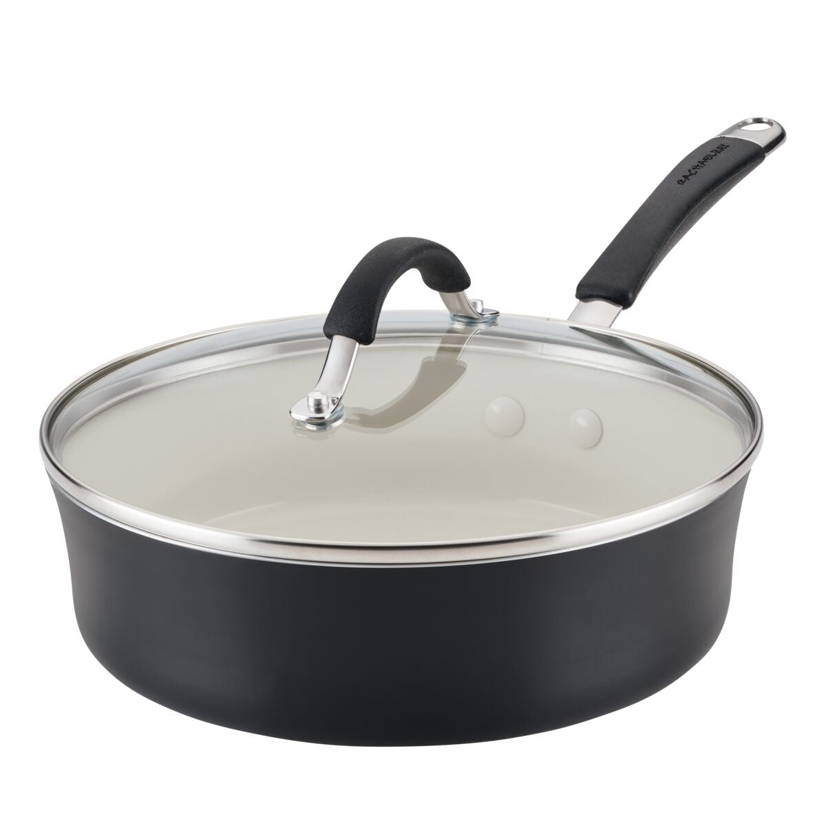 A black saucepan with a glass lid and a black handle.