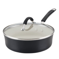 A black saucepan with a glass lid and a black handle.