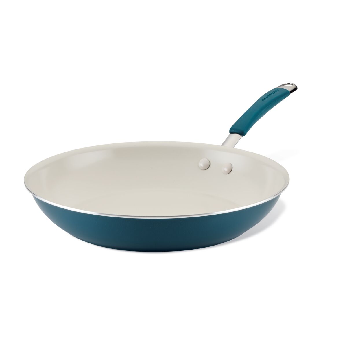 A teal non-stick frying pan with a white interior and a black handle.