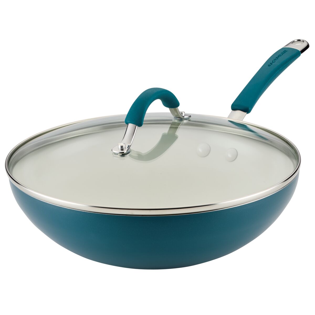 Teal frying pan with a glass lid and dual riveted handle.