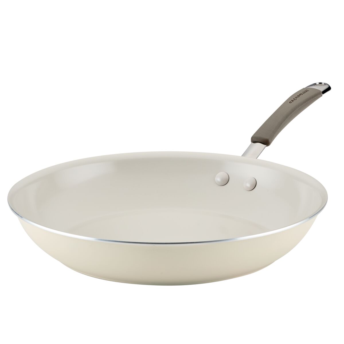 A beige frying pan with a gray handle against a white background.