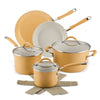 Yellow 10-Piece Ceramic Nonstick Cookware Set with glass lids and felt protectors.