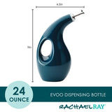 Blue 24 oz. EVOO bottle with handle, 9 inches tall, 4.5 inches wide.