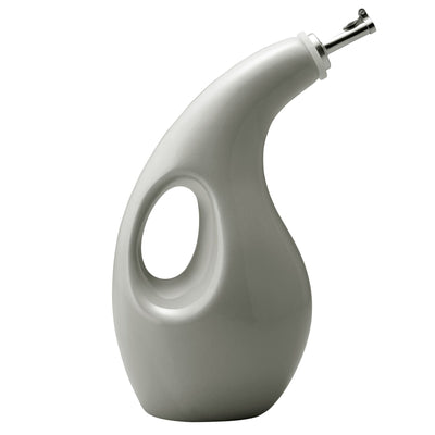 Gray ceramic oil dispenser with a curved design and a side handle.