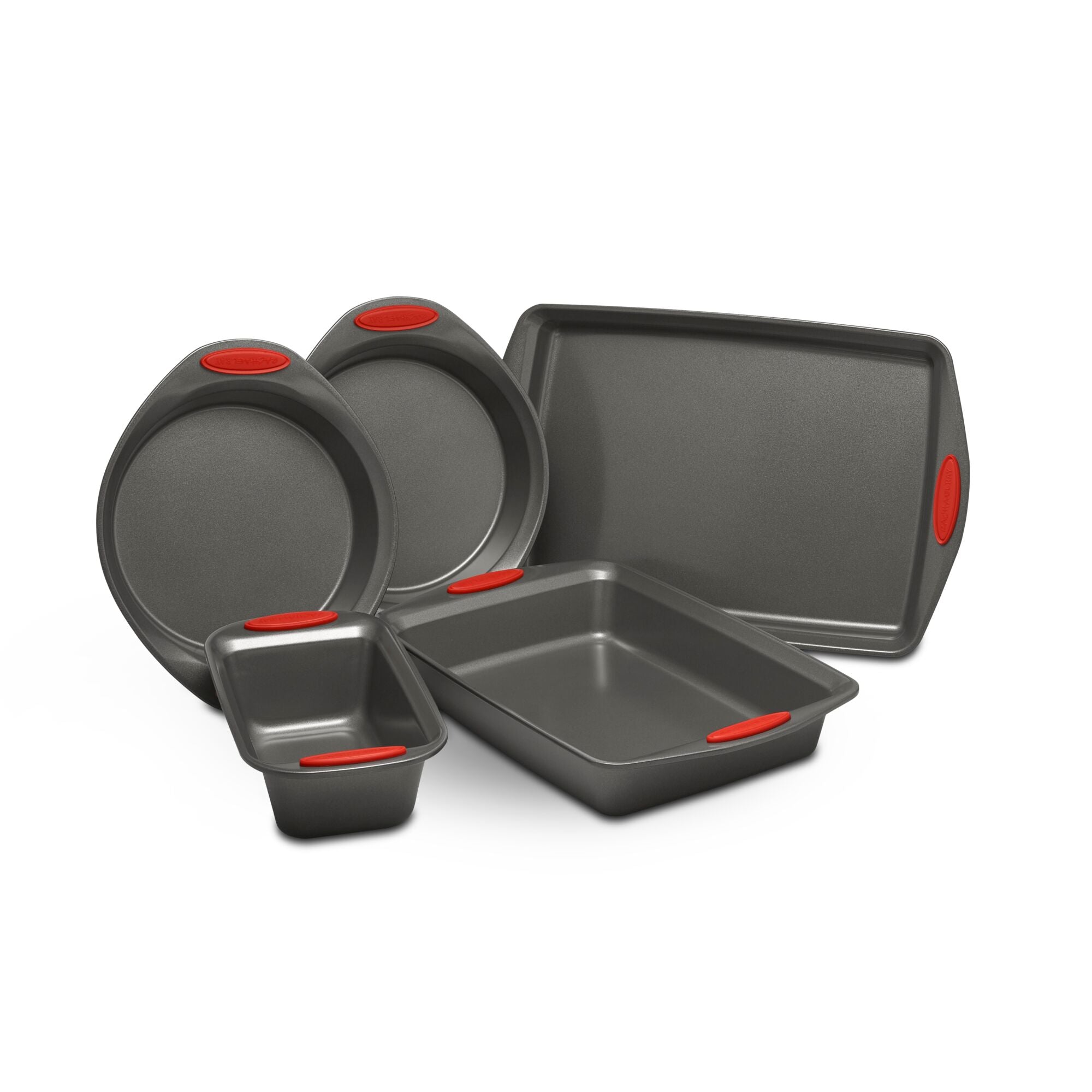 Set of nonstick bakeware with red silicone grips.