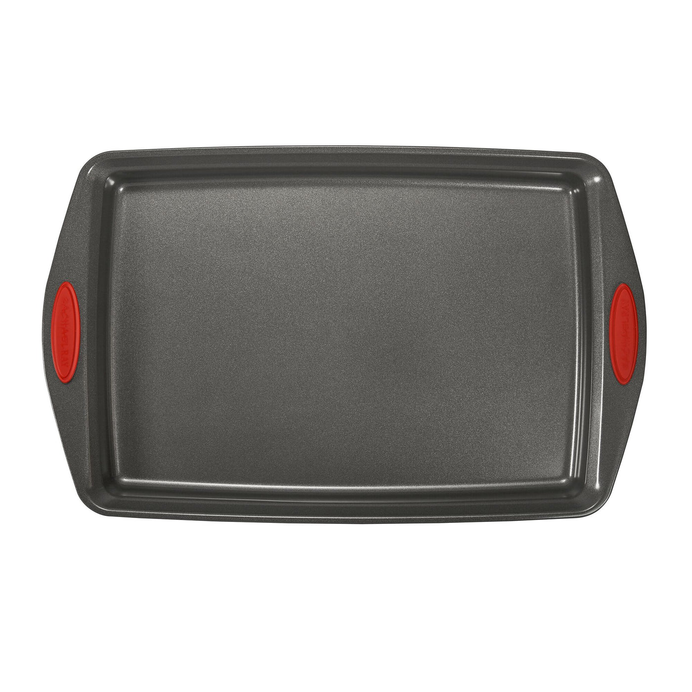 A rectangular baking tray with red silicone-grip handles.