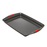 Gray baking tray with red handles on each side, shown on a white background.
