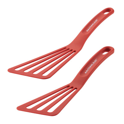 Two red slotted spatulas with ergonomic handles.