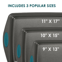 Three baking trays in sizes 11"x17", 10"x15", and 9"x13".