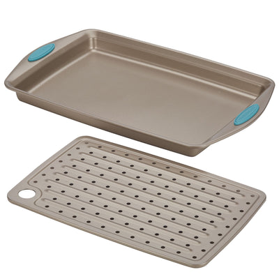 A baking sheet with a removable, perforated rack.