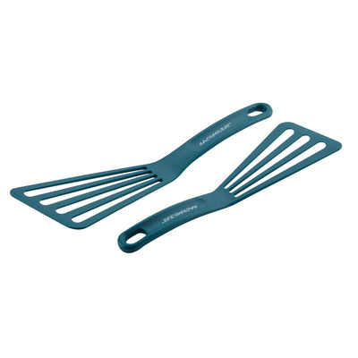 Two teal slotted spatulas with ergonomic handles.