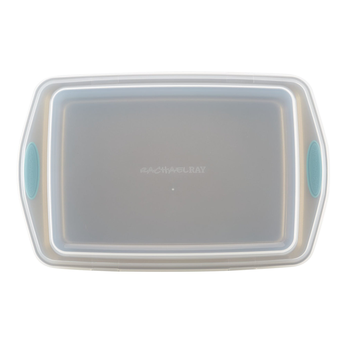 Rectangular plastic food storage container with teal handles and lid.