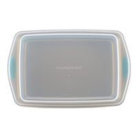 Rectangular plastic food storage container with teal handles and lid.