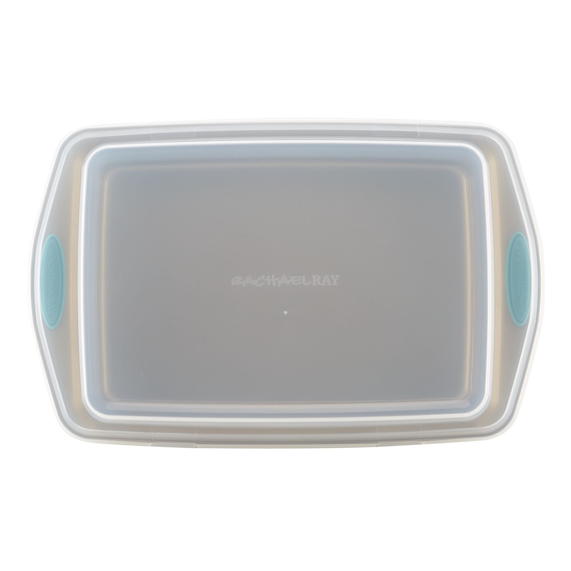 Rectangular plastic food storage container with teal handles and lid.