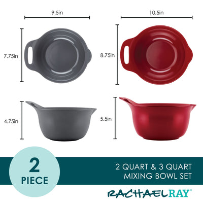 Two-piece mixing bowl set in gray and red with dimensions listed.