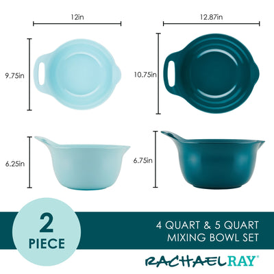 Two-piece Rachael Ray mixing bowl set, 4 and 5 quart, blue tones, with dimensions.