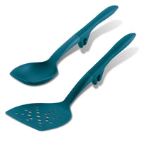 Two teal kitchen utensils: a slotted spatula and a serving spoon.