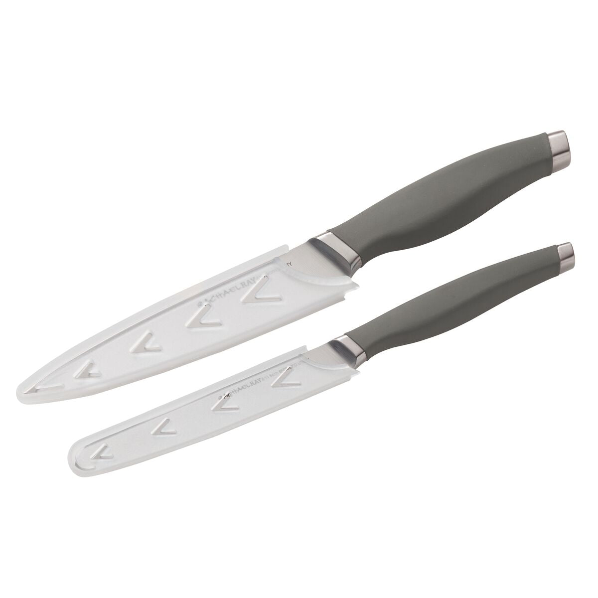 Two knives with gray handles and white blade covers.