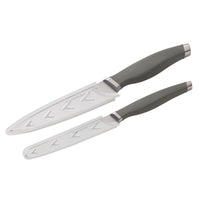 Two knives with gray handles and white blade covers.