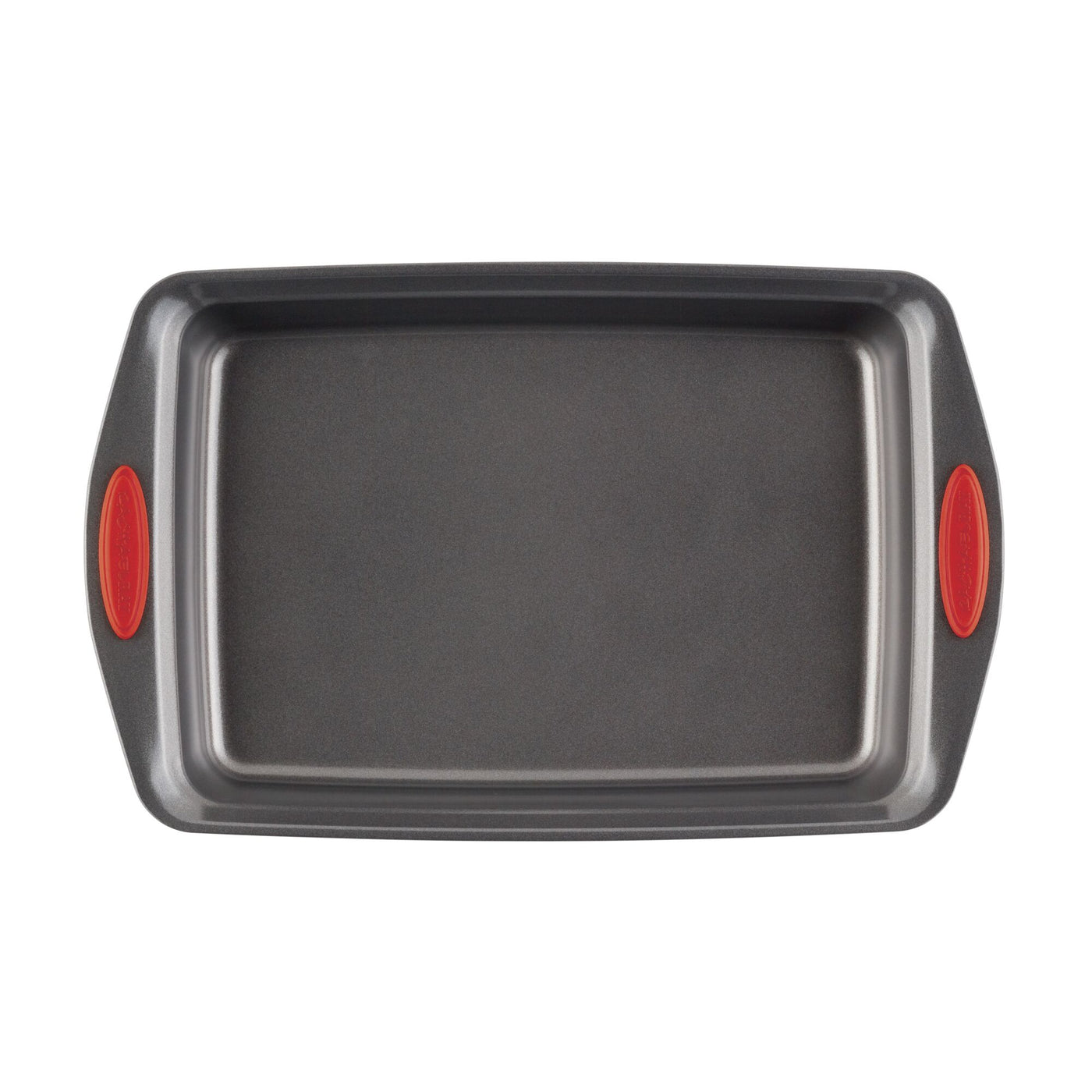 Rectangular baking pan with red silicone grips on both handles.