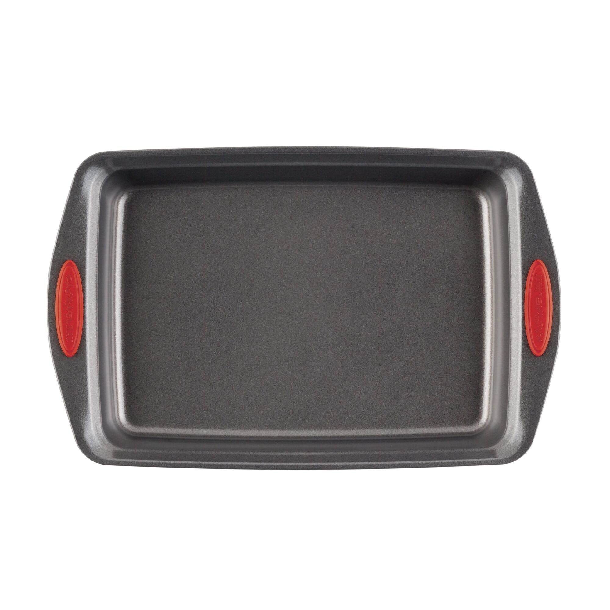 Rectangular baking pan with red silicone grips on both handles.