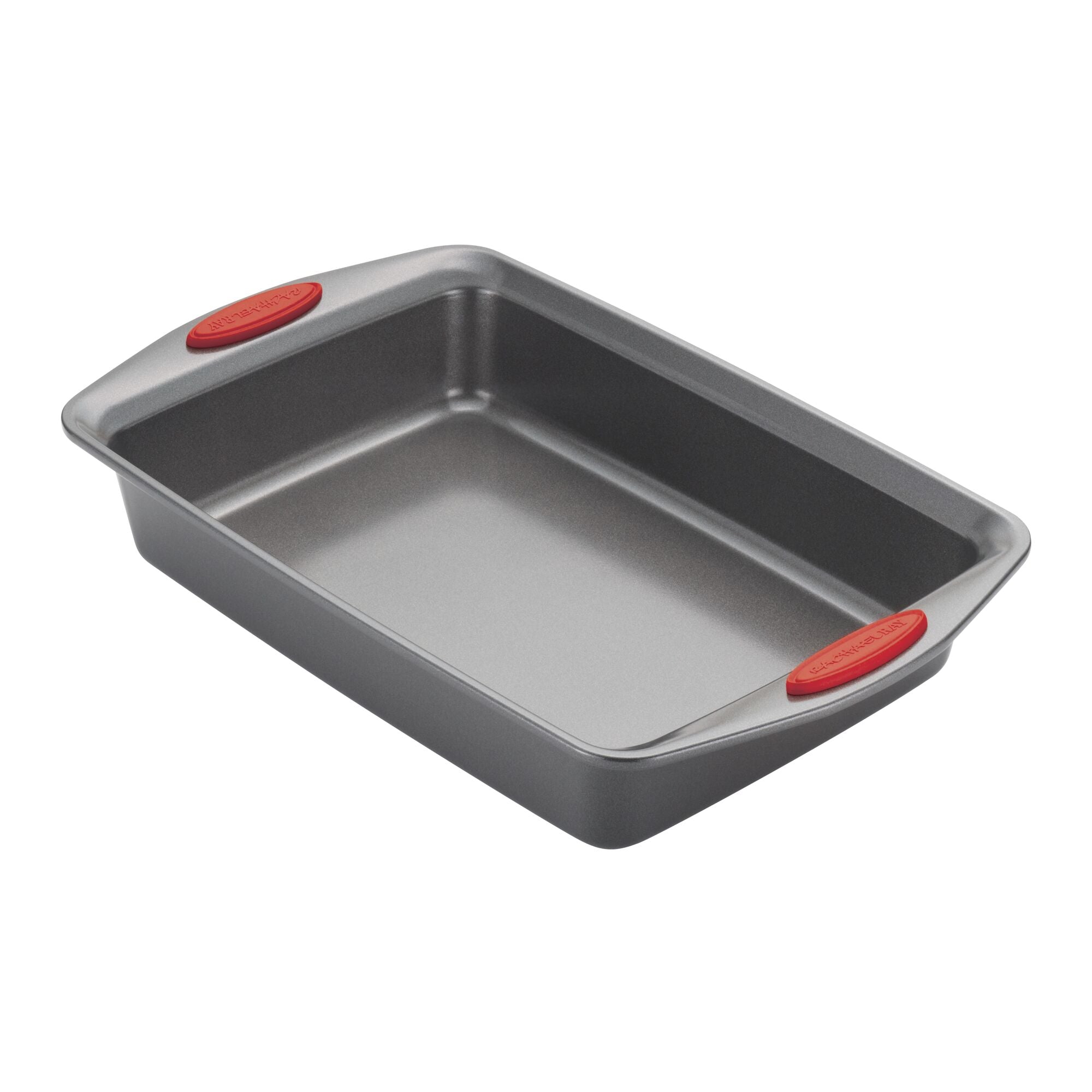 Rectangular baking pan with red silicone grips on the handles.