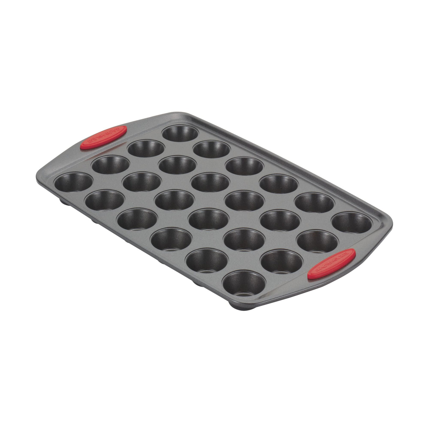 Gray 24-cup mini muffin pan with red silicone grips on handles.
