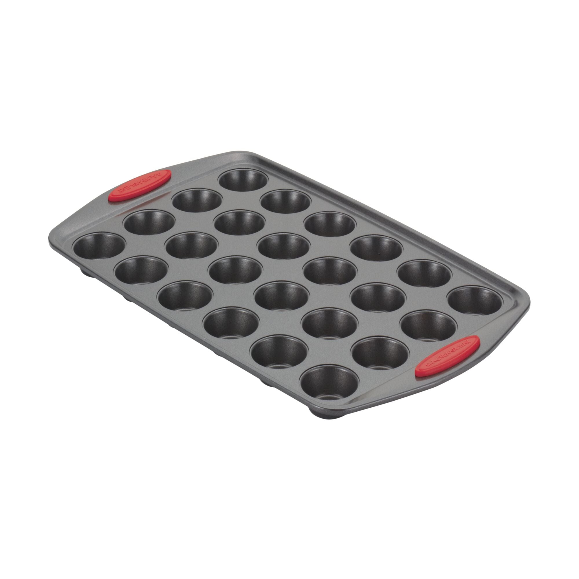 Gray 24-cup mini muffin pan with red silicone grips on handles.